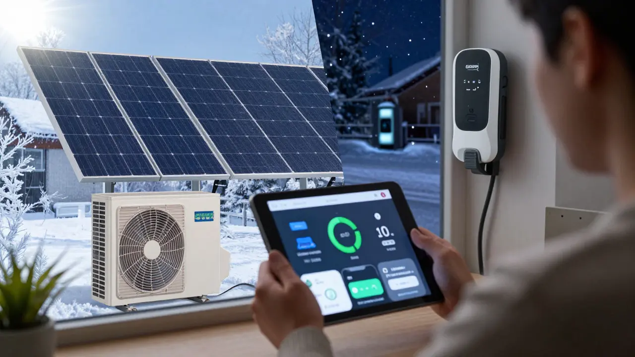 Person überwacht Energiefluss auf Tablet, Solarstrom versorgt Wärmepumpe und Elektroauto im Haus.