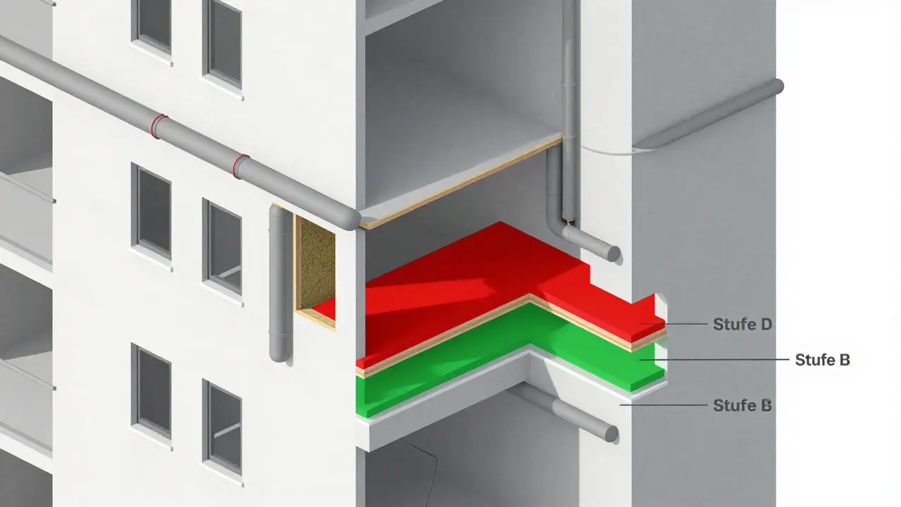Querschnitt eines Neubaus mit Schallbrücken: undichte Rohre, fehlende Dämmung und direkte Boden-Decken-Verbindungen.