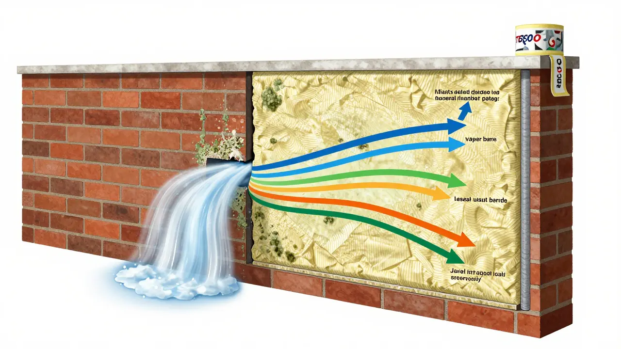 Schematische Darstellung einer Wandkonstruktion mit Luftleckage und Schimmel links versus luftdichter Dämmung rechts.