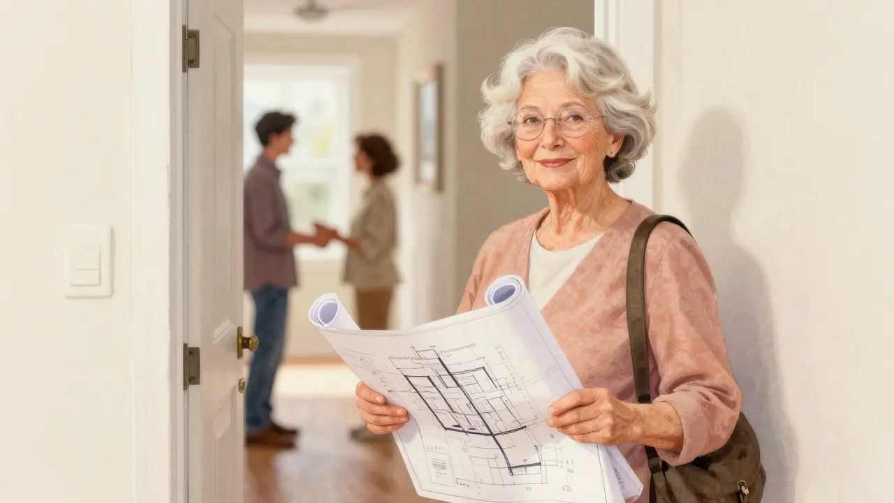 Seniorendame mit Bauplänen im Flur vor ihrer Wohnungstür stehend.
