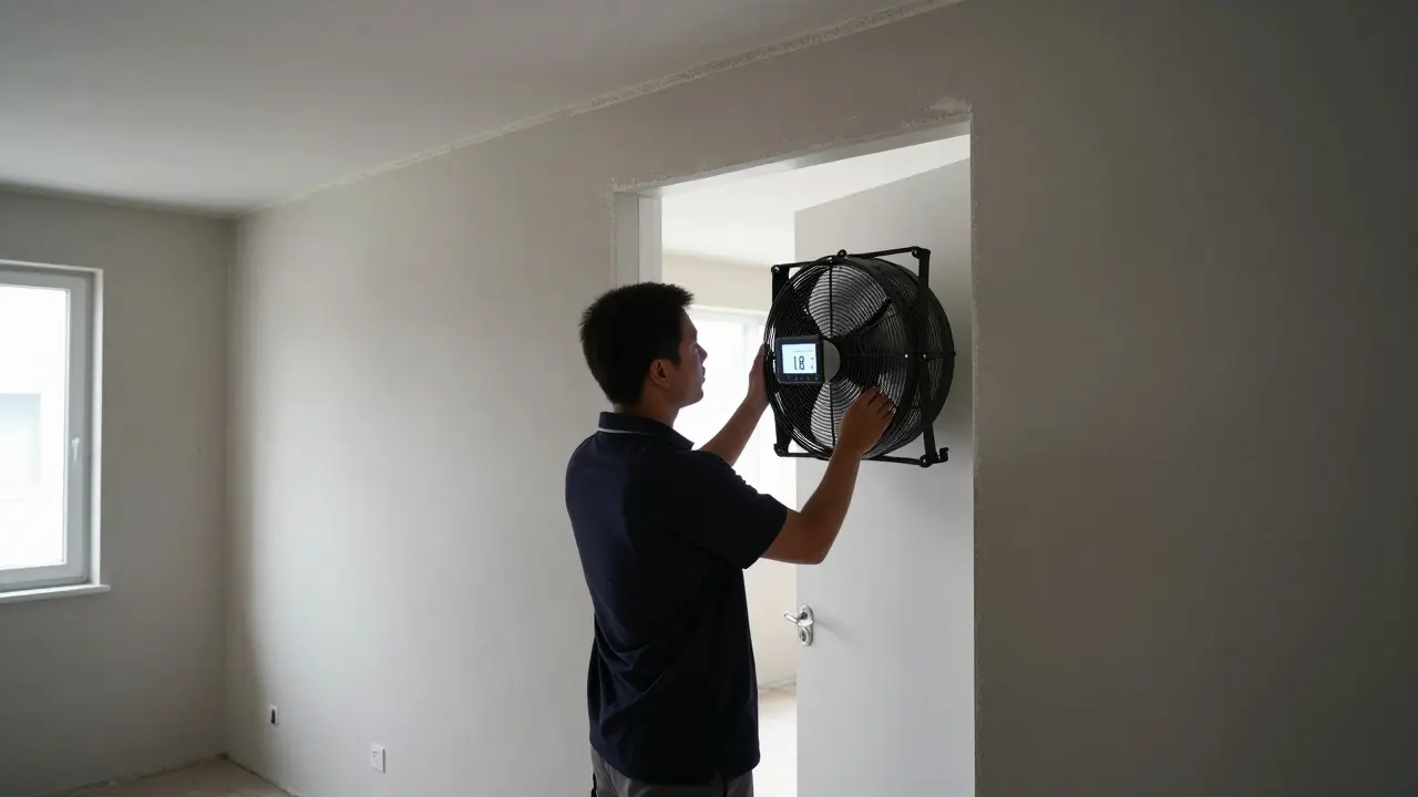 Techniker führt einen Blower-Door-Test durch, digitaler Anzeige zeigt einen n50-Wert von 1,8 h⁻¹ an.