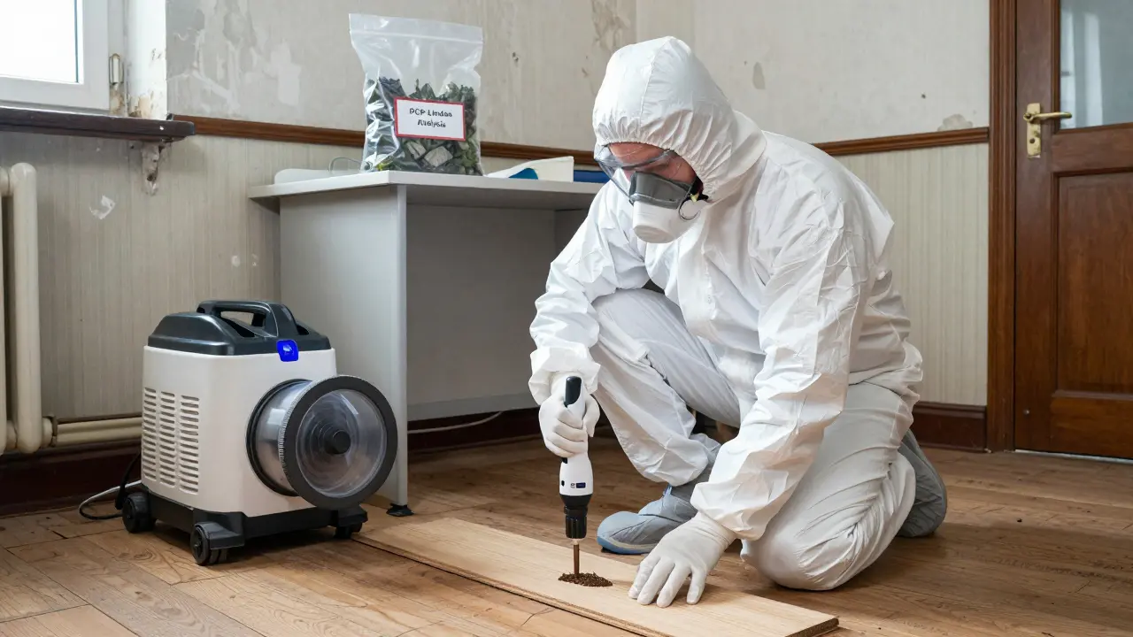 Techniker in Schutzkleidung entnimmt Holzprobe aus einem belasteten Boden, HEPA-Vakuum在一旁.