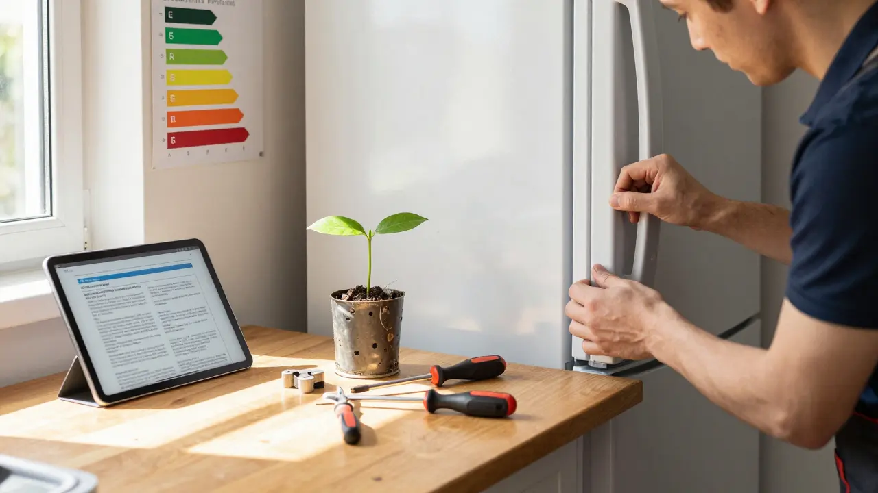 Techniker repariert einen Kühlschrank mit handelsüblichem Werkzeug, nebenan Reparaturanleitung auf Tablet.