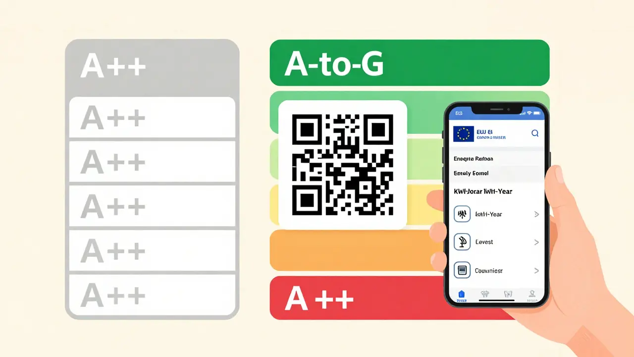 Vergleich zwischen altem A+++ und neuem A-G-Energielabel mit QR-Code und Verbrauchswerten.