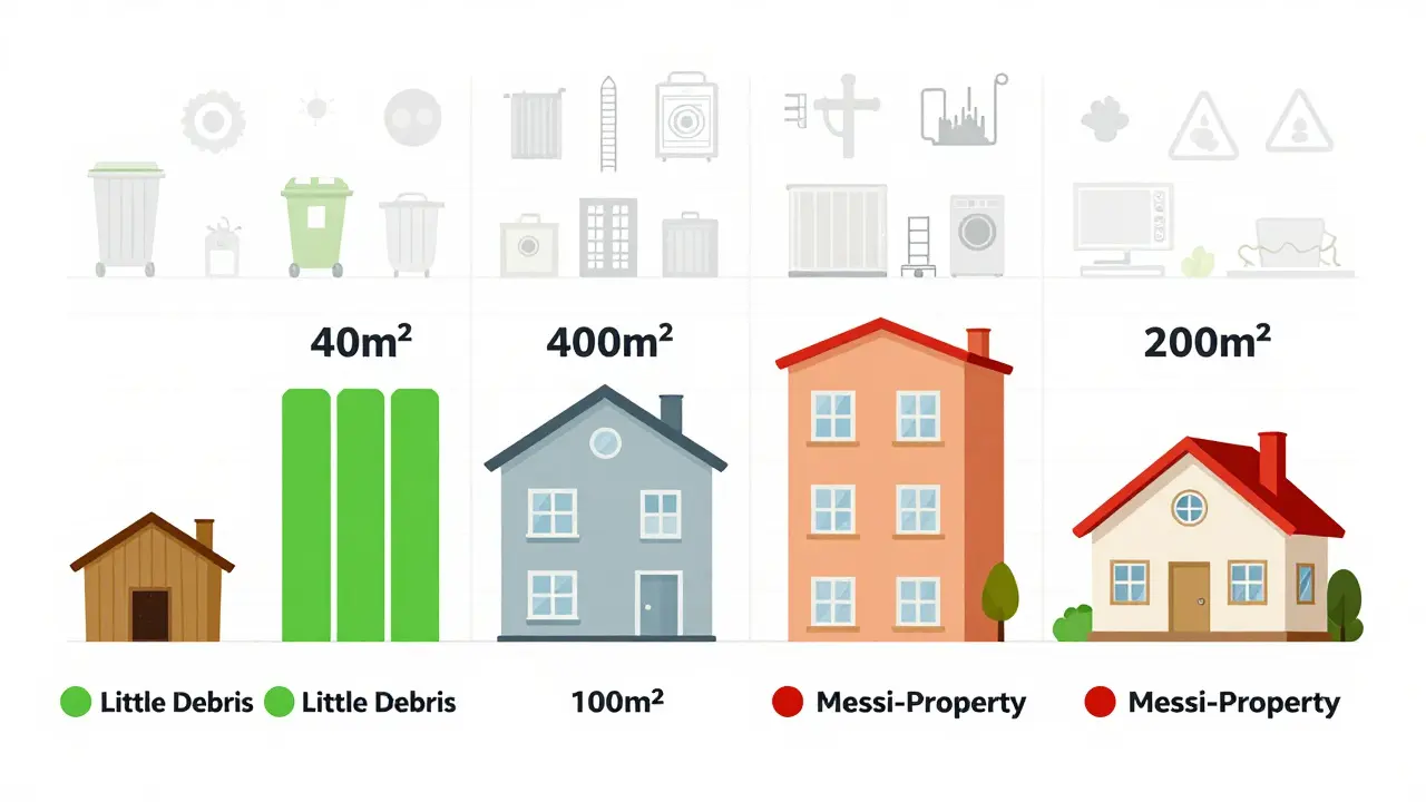 Vergleichsdiagramm der Räumungskosten für verschiedene Wohngrößen von wenig bis extrem viel Müll.