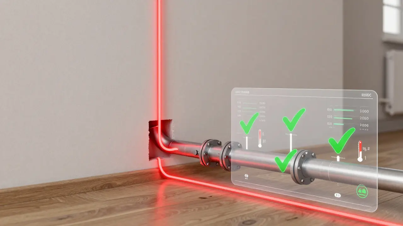 Versteckte Gasleitungen hinter Putz mit Lecks im roten Licht vs. ordnungsgemäß geprüfte Leitung mit digitaler Dokumentation.