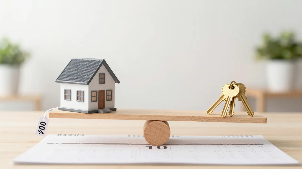 Waage mit Ferienhaus und drei Schlüsseln, 10-Jahres-Kalender darunter, 10%-Rabatt-Schild, Metapher für schrittweise Schenkung.