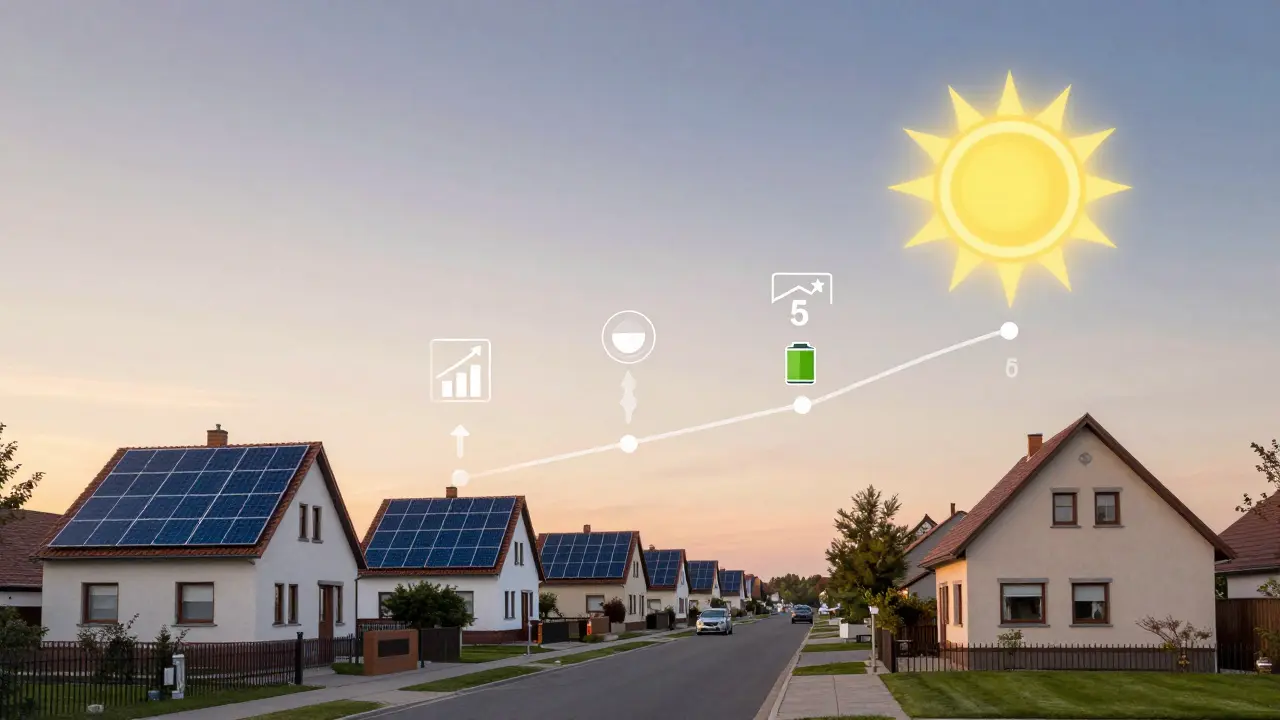Zeitleiste einer Solaranlage, die von Investition bis zu kostenfreiem Strom über 10 Jahre zeigt.