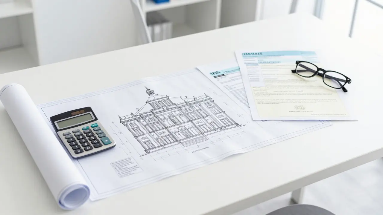 Architektenpläne und Steuerunterlagen auf einem hellen Schreibtisch zur Finanzplanung.