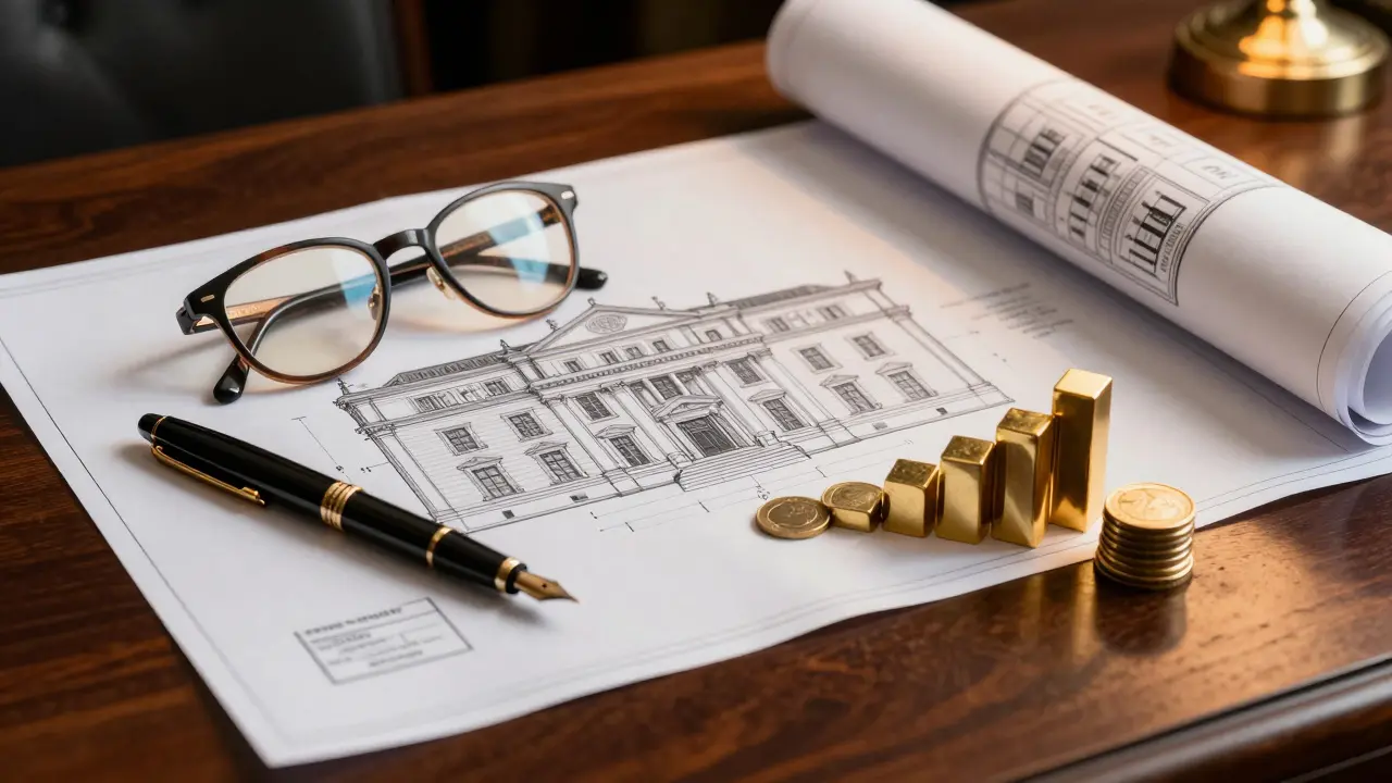 Architekturplan eines Denkmals auf einem Mahagonischreibtisch mit Goldmünzen als Symbol für Investment.