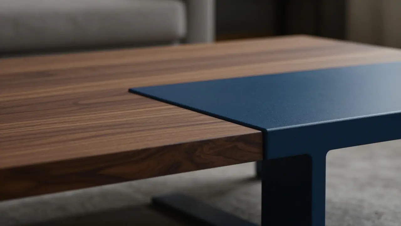 Detailaufnahme eines Designer-Couchtisches mit kontrastierenden Materialien aus Walnussholz und blauem Metallgestell.