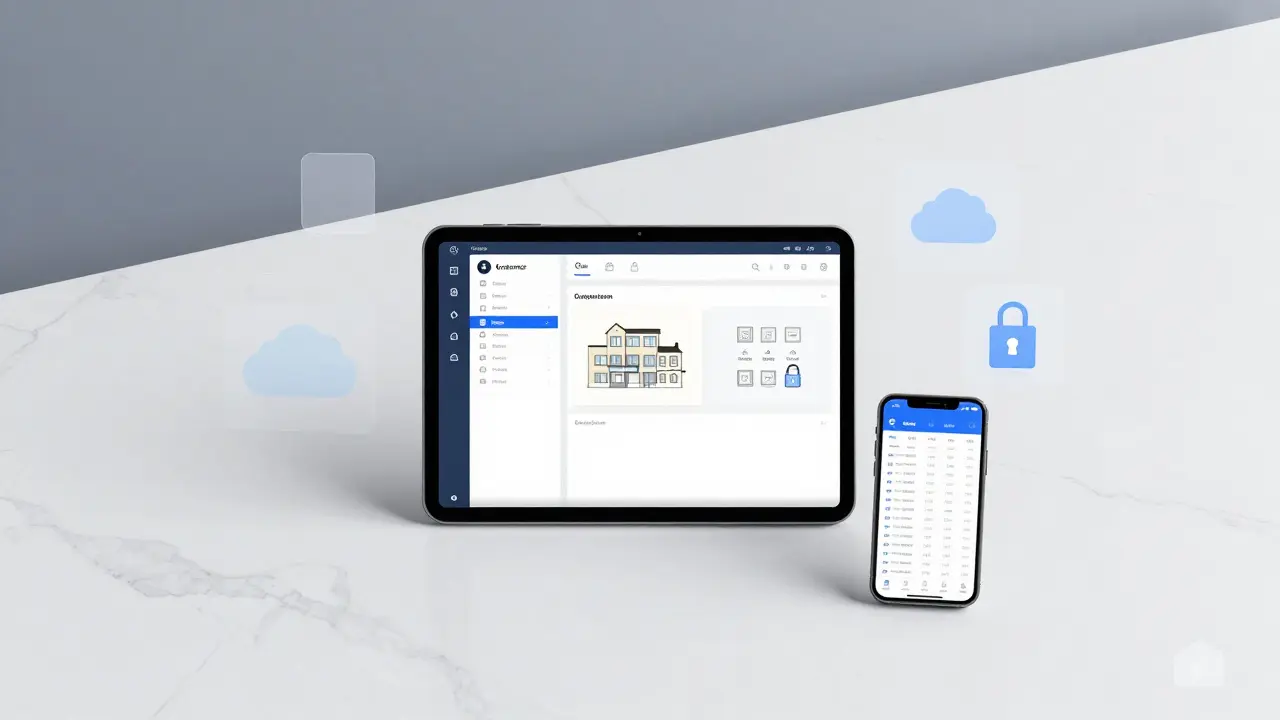 Digitale Benutzeroberfläche einer Angebotsmappe mit Vier-Spalten-Struktur auf einem Tablet und Smartphone.