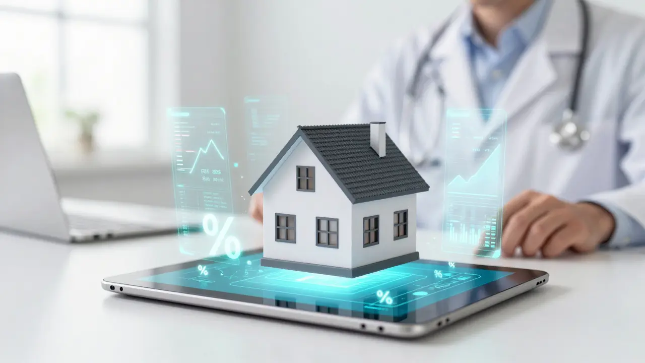 Digitale Immobilienbewertung mit Hologramm und KI-Analyse auf einem Tablet.