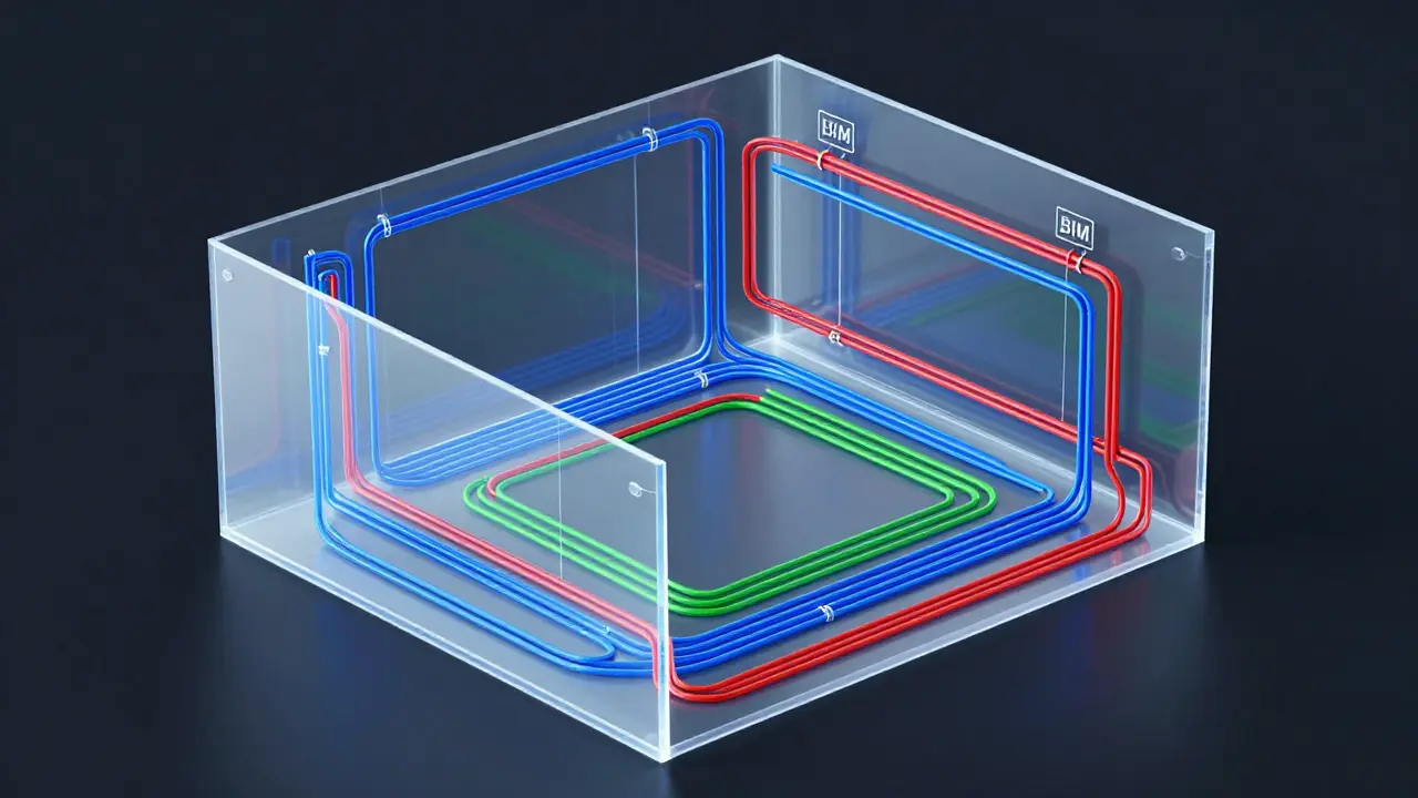 Digitales 3D-BIM-Modell einer Gebäudeinstallation mit farbigen Leitungen.