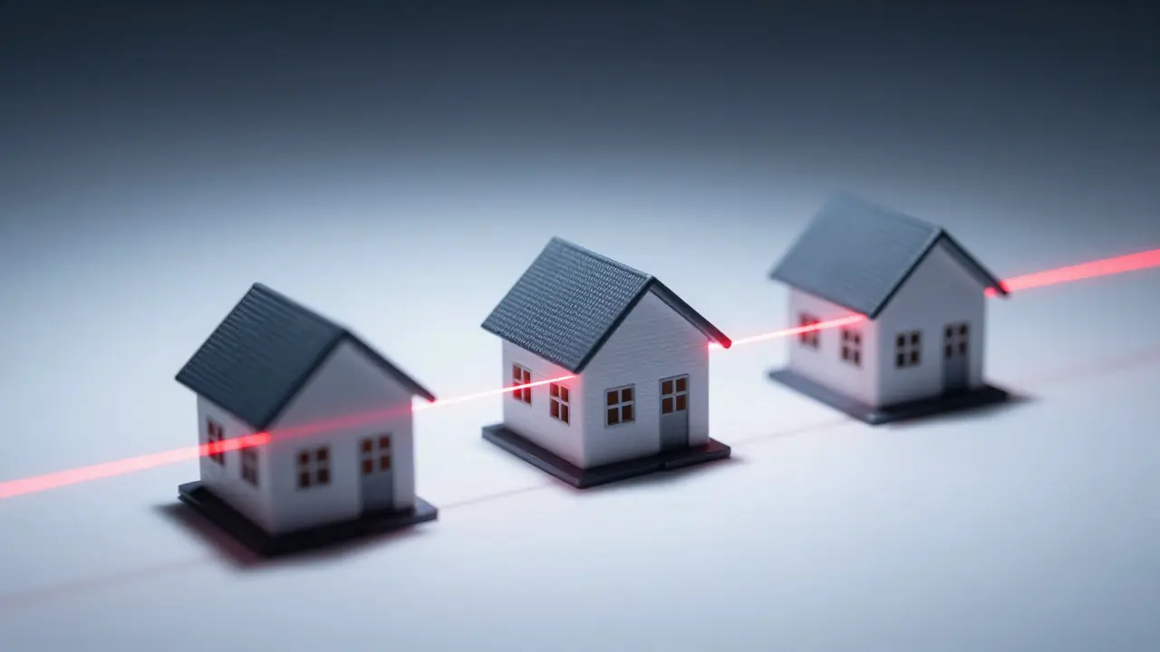 Drei Miniaturhäuser, die durch eine rote Linie symbolisch getrennt werden.
