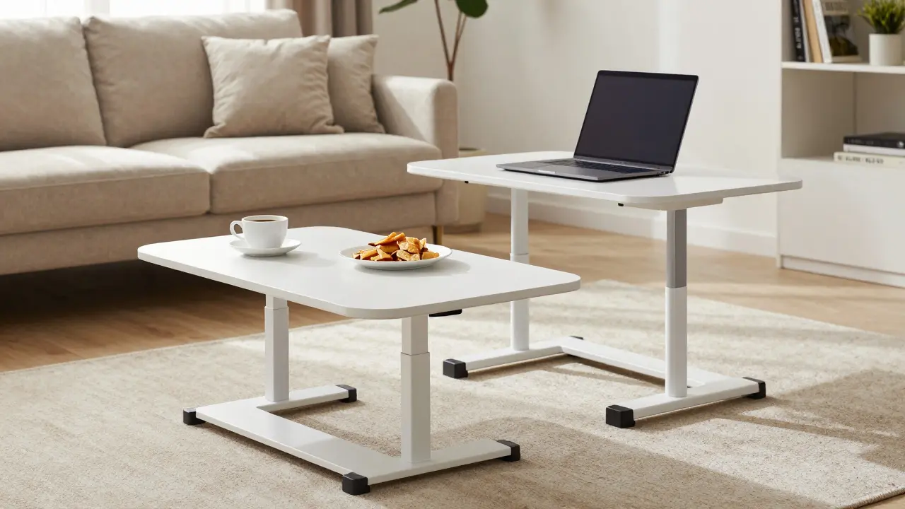 Ein höhenverstellbarer Couchtisch in zwei verschiedenen Positionen zur Nutzung als Ablage und Arbeitsfläche.