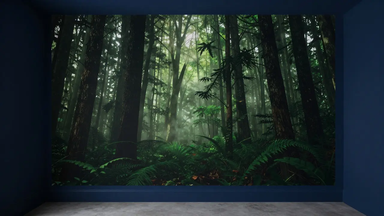 Ein Raum mit Übergang von dunkelblauer Wandfarbe zu einer fotorealistischen Waldtapete.