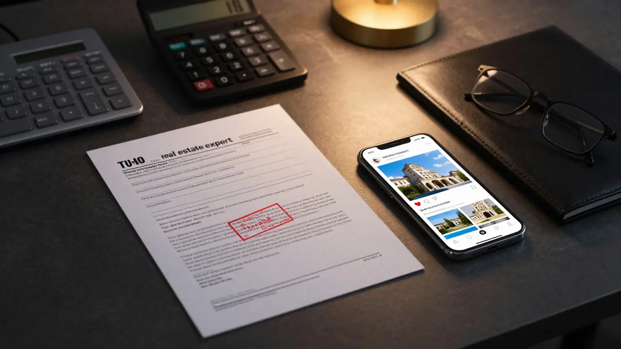 Ein Schreibtisch mit Steuerunterlagen und einem Smartphone mit Immobilienprofil.