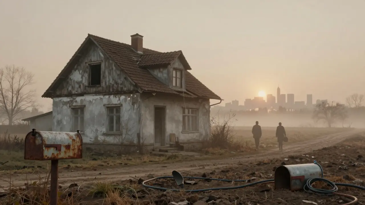 Ein verlassenes Haus im ländlichen Raum mit symbolischen Elementen für fehlende Infrastruktur.