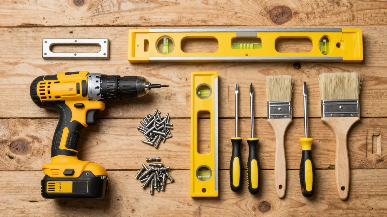 Eine Auswahl an Basis-Werkzeugen wie Bohrmaschine und Wasserwaage auf einem Holztisch.