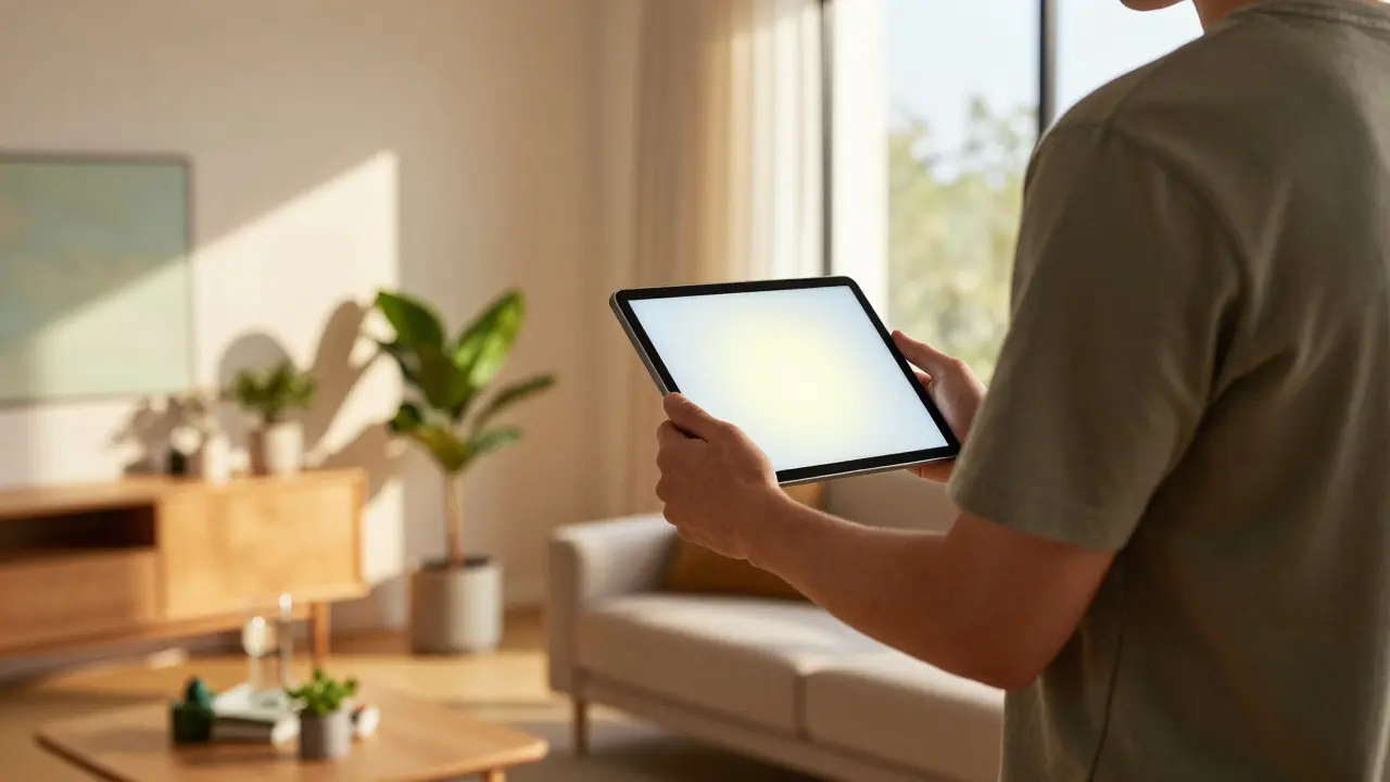 Eine Person hält ein Tablet im Wohnzimmer zur Verbrauchsüberwachung.