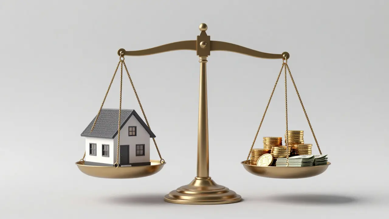Eine Waage, die ein Modellhaus gegen Geldstapel ausbalanciert.