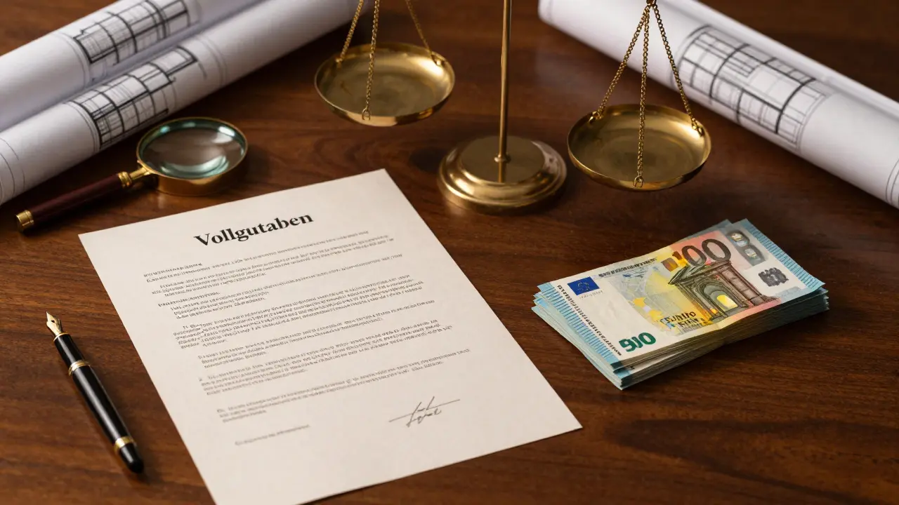 Eine Waage mit einem offiziellen Immobilienbewertungsdokument und Geld.