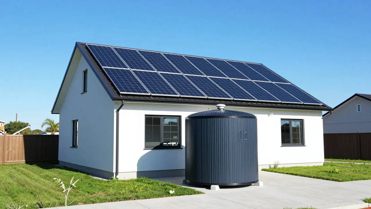 Einfamilienhaus mit Solaranlagen und Batteriespeicher im Sonnenlicht.