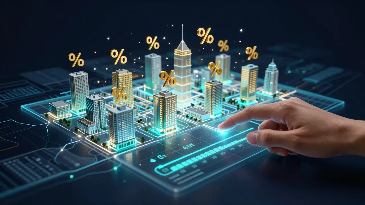 Futuristische Darstellung einer KI-gestützten Immobilienwertanalyse mit holographischen Datenpunkten.