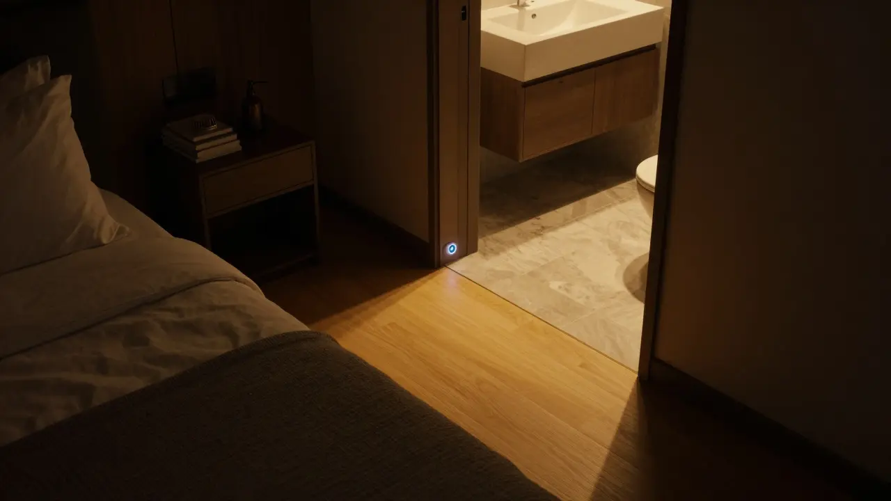 Gedimmte, warme Nachtbeleuchtung in einem modernen Schlafzimmer