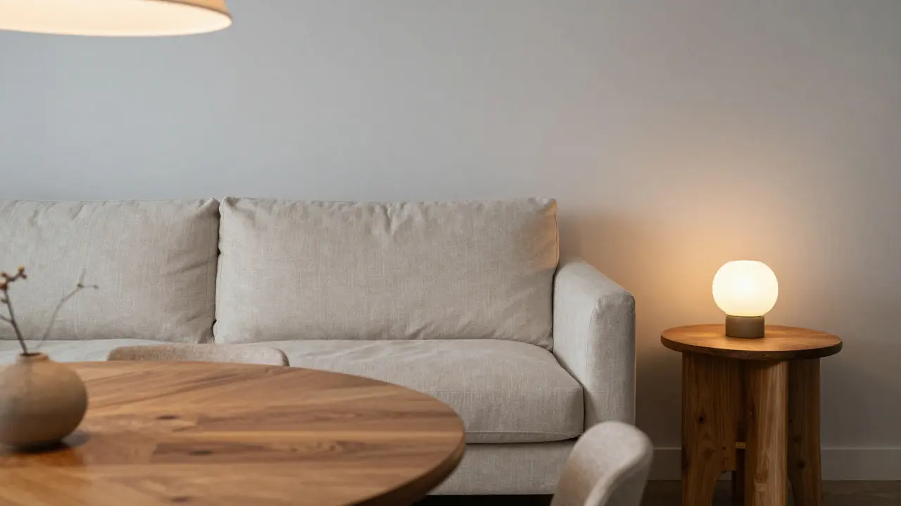 Gemütliches Sofa an der Wand mit warmem Licht und rundem Holztisch