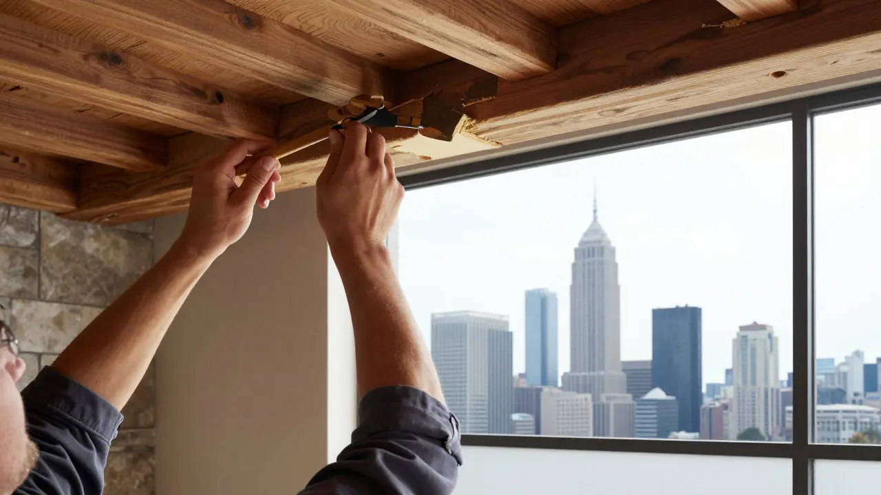 Handwerker bei der Restaurierung historischer Substanz neben einer modernen Stadtansicht.