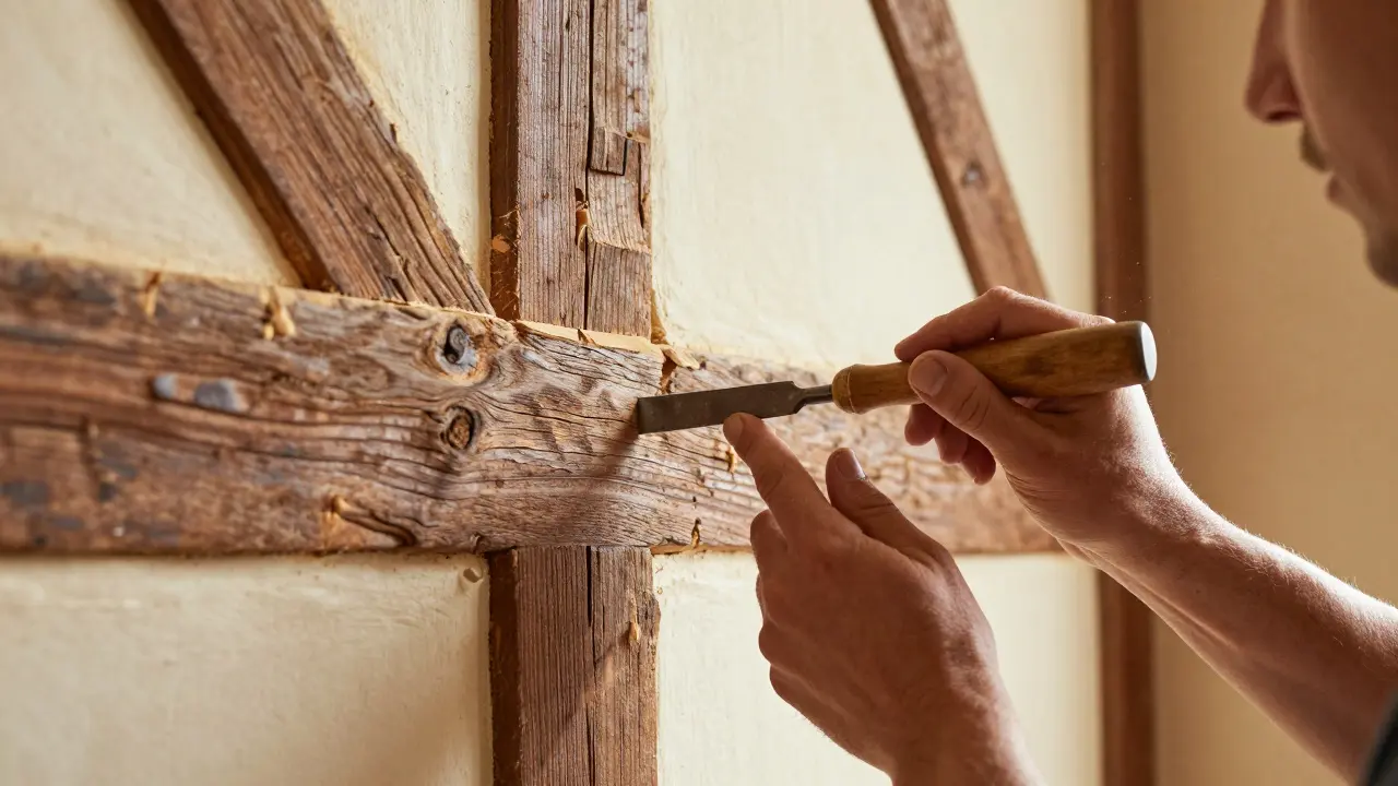 Handwerker restauriert fachgerecht einen historischen Holzbalken in einem Fachwerkhaus.