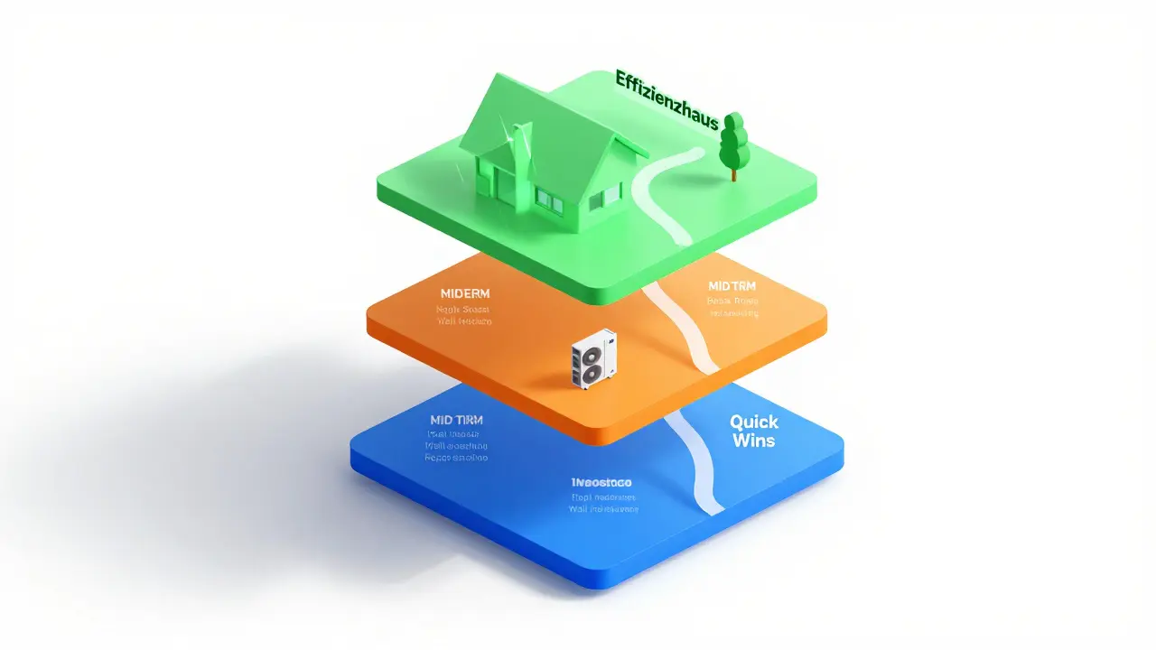 Isometrische Darstellung eines Hauses mit drei Sanierungsstufen von Sofortmaßnahmen bis zum Effizienzhaus.