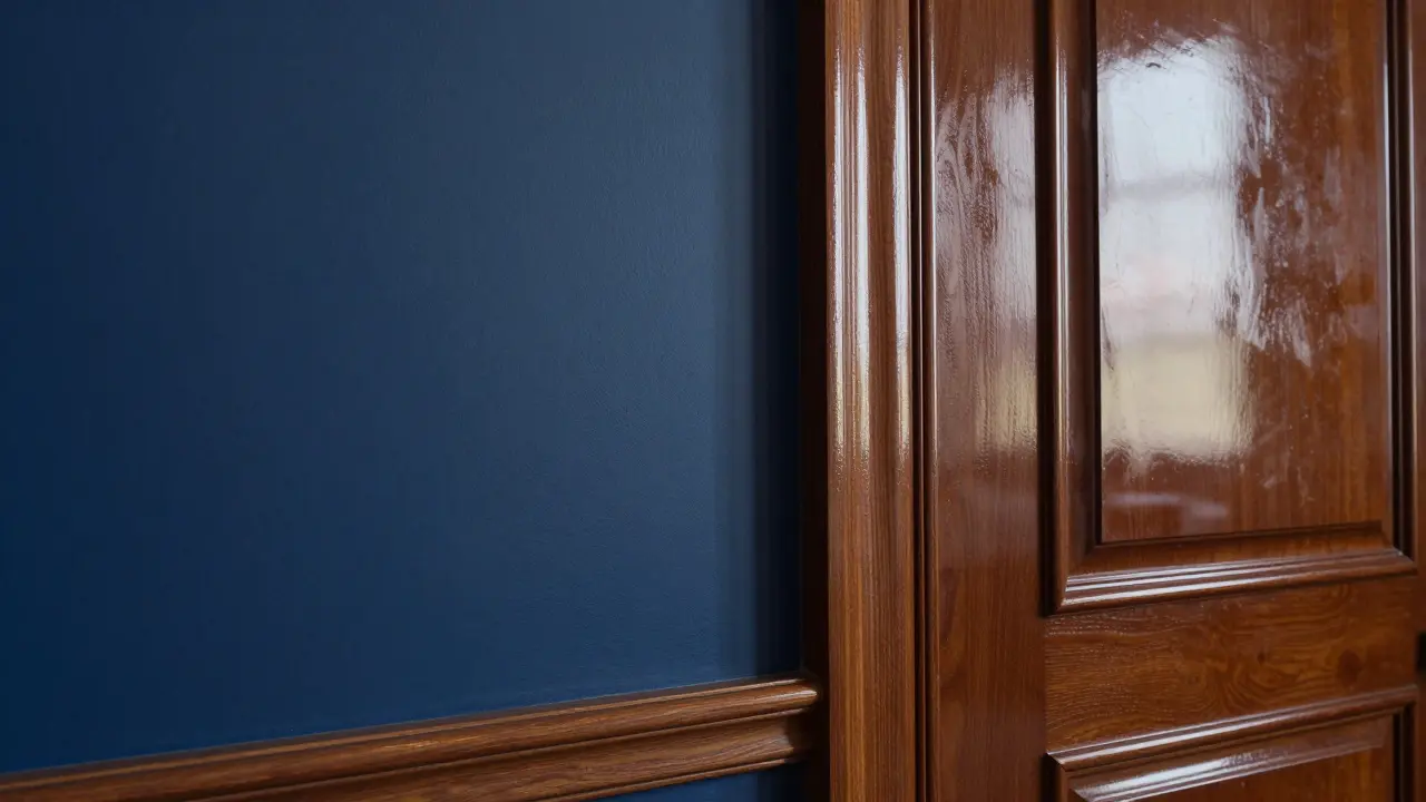 Kombination aus matten blauen Wänden und hochglänzenden Türrahmen.