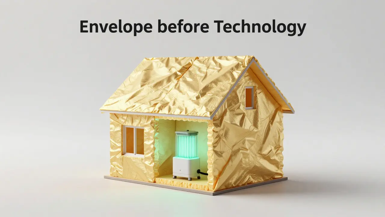 Konzeptbild einer Gebäudehülle mit goldener Dämmschicht und effizienter Heizung