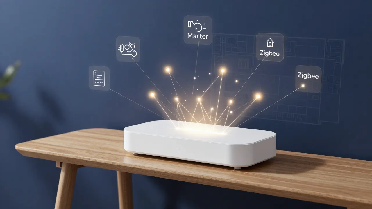 Konzeptionelle Darstellung eines Smart-Home-Hubs mit Netzwerkverbindungen