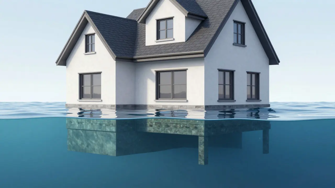 Konzeptuelle Darstellung eines Hauses mit überflutetem Keller durch Hochwasser.