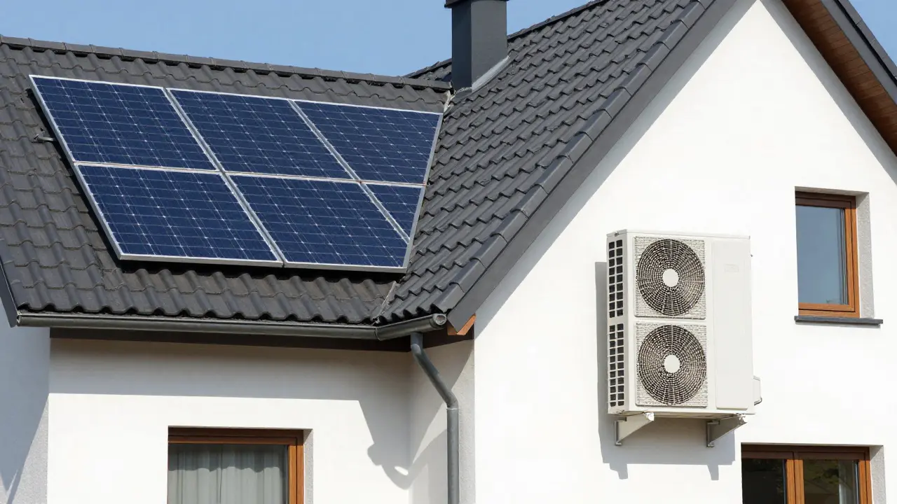 Modernes Haus mit Photovoltaikanlage und Wärmepumpe im Sonnenlicht