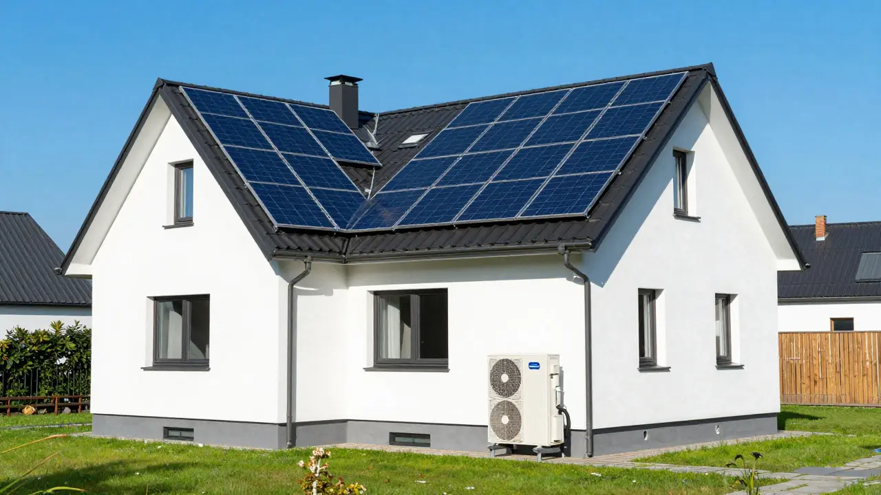 Modernisiertes Haus mit Photovoltaikanlage und Wärmepumpe im Garten