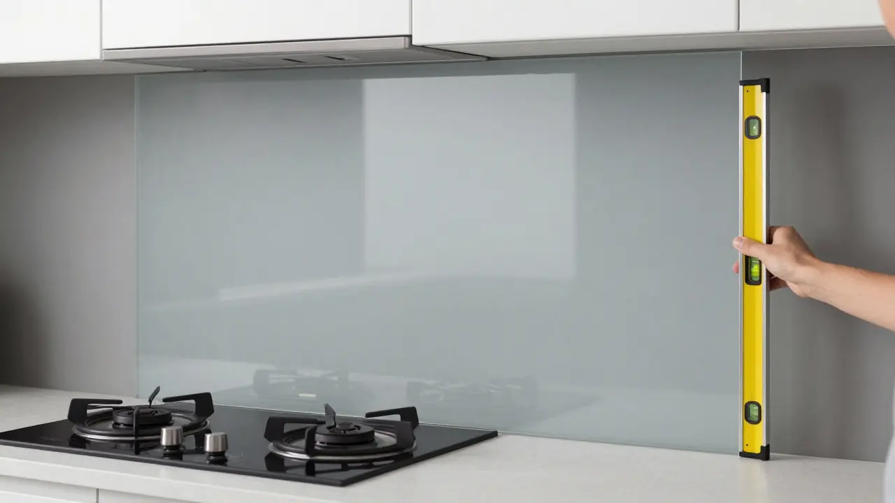 Montage eines fugenlosen Glaspaneels hinter einem modernen Herd