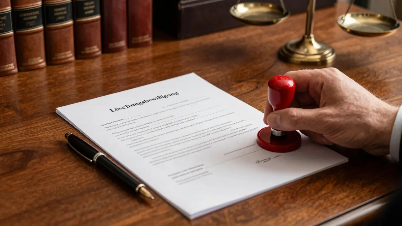 Notarielle Beglaubigung einer Löschungsbewilligung auf einem Schreibtisch