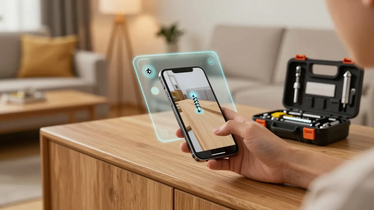 Nutzer verwendet eine AR-App auf dem Smartphone zur Anleitung einer Reparatur.