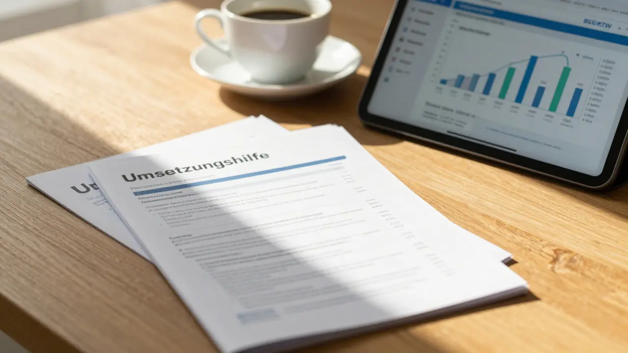 Sanierungsfahrplan und Umsetzungshilfe auf einem Tisch neben einem Tablet mit Förderinformationen.