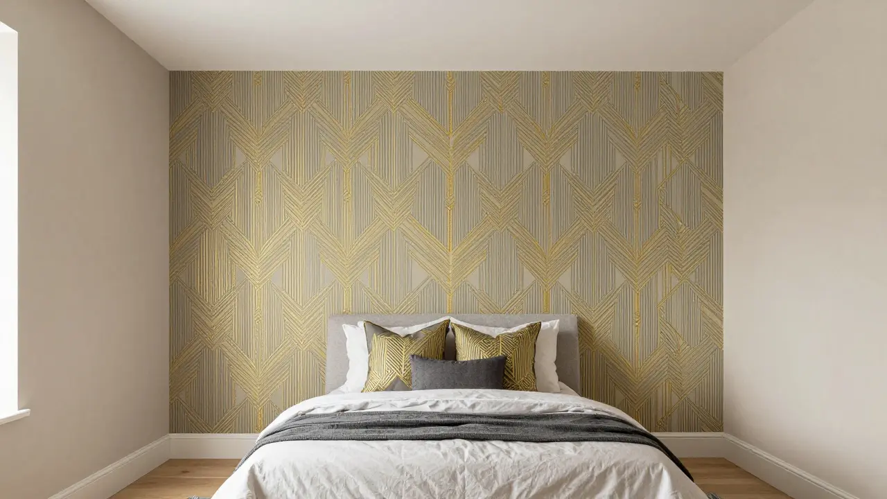 Schlafzimmer mit neutralen Wänden und einer geometrischen Art-Déco-Akzentwand.
