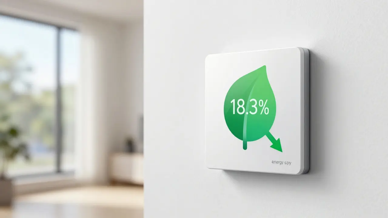Smarter Thermostat mit Symbolen für Energieeinsparung und Effizienz