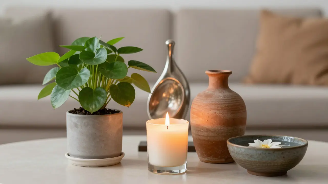 Stillleben der fünf Elemente: Pflanze, Kerze, Keramik, Metall und Wasser