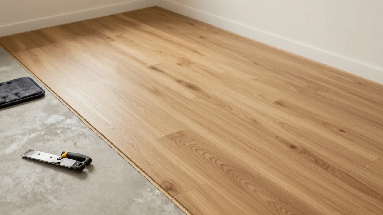 Teilweise verlegter heller Vinylboden in einem Raum während der Renovierung.