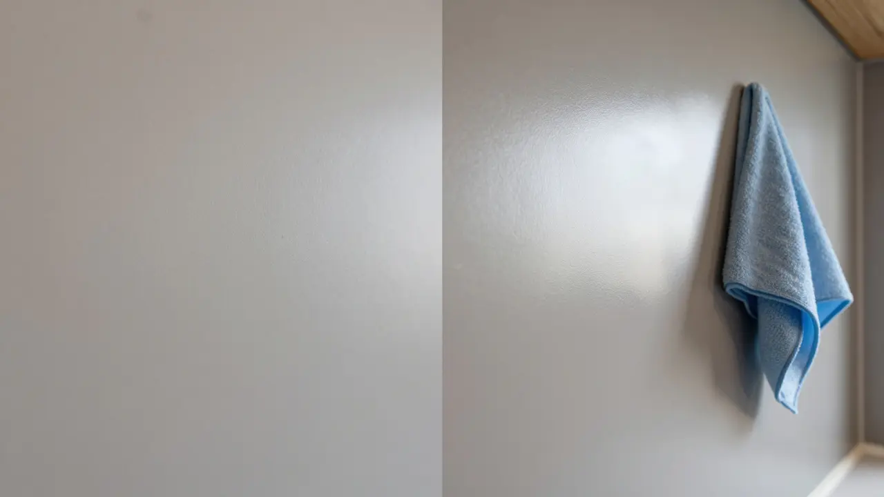 Vergleich zwischen einer matten und einer seidenglänzenden Wandoberfläche in einer Küche.