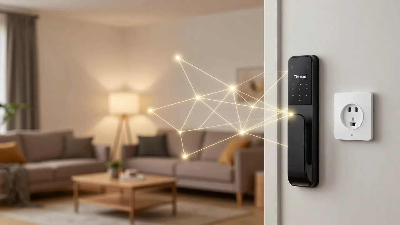 Visualisierung eines Thread-Mesh-Netzwerks in einem modernen Wohnzimmer